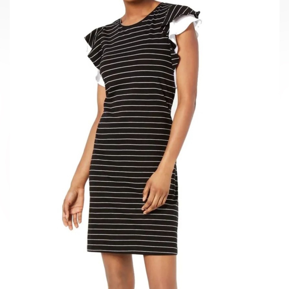 Maison Jules Dress Boat Neck Striped Shift Ruffle Sleeve Black